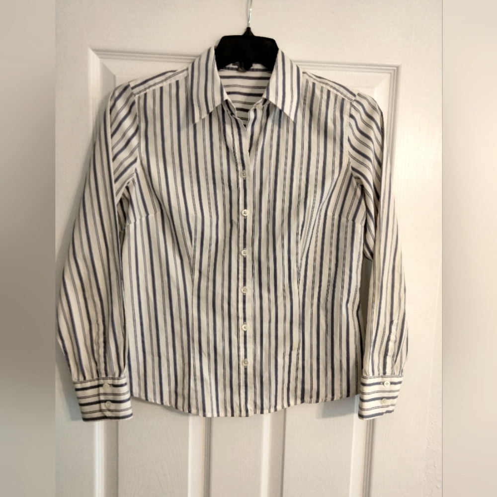 Ann Taylor size 10 Button front Long Sleeve, Blue & White Cotton Ladies Blouse